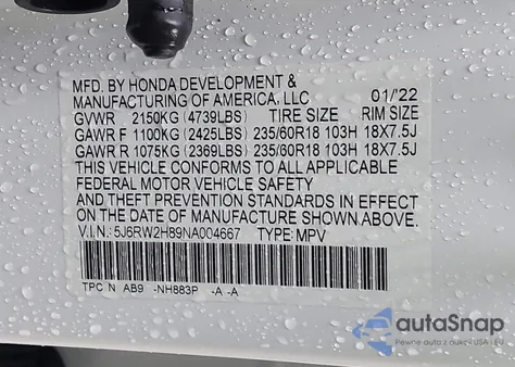 2022 Honda Cr-V Awd Ex-L z USA, uszkodzony, nr VIN 5J6RW2H89NA004667